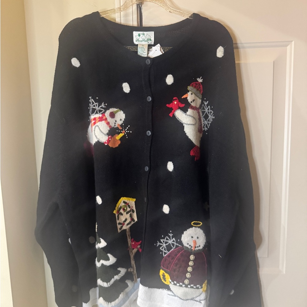 Quacker Factory Black Snowman Cardigan with Button Covers NWT
